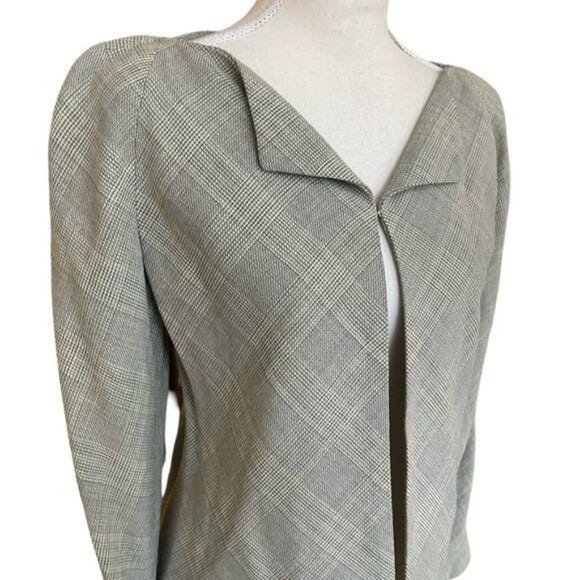 Linda Allard Ellen Tracy NWT Wool‑Linen Blend Green & Cream Plaid Hook‑Front Top - Picture 3 of 10
